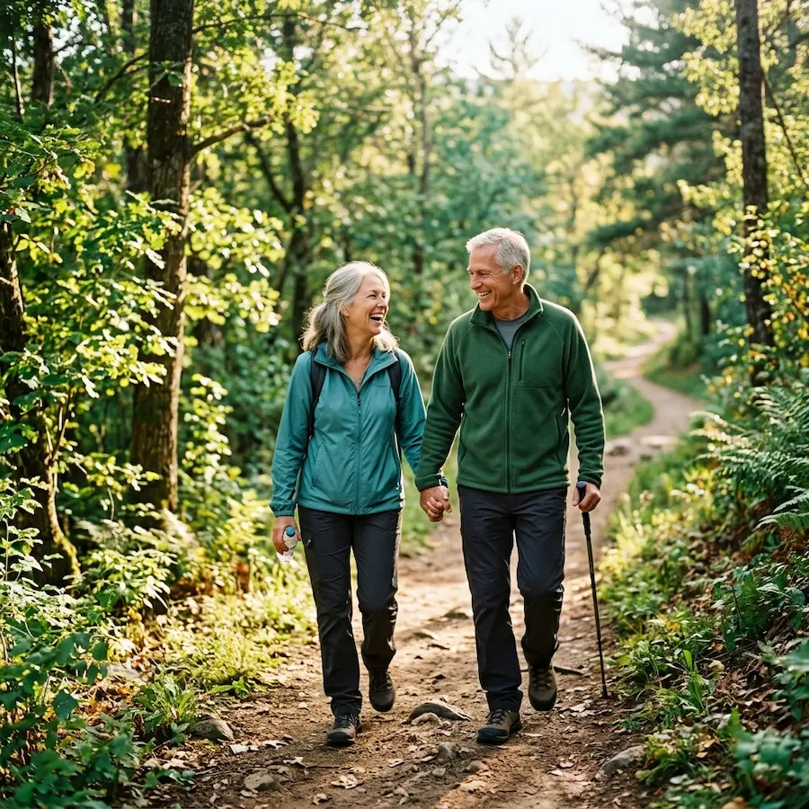 Happy mature couple on a long walk, breathing easy